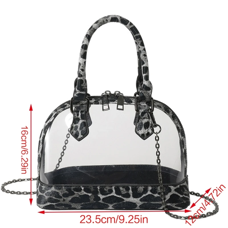 Bolso cruzado PVC transparente con asa superior E74B para mujer, bolso hombro con adorno leopardo en forma concha,