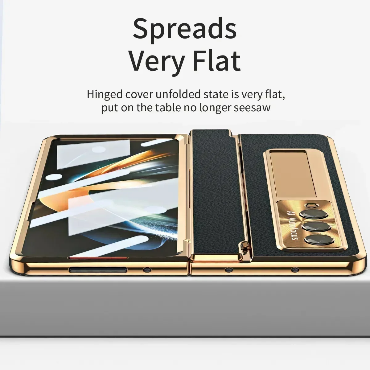 With Screen Protector Luxury Leather Case for Samsung Galaxy Z Fold 6 5 4 3 5G One-Piece Plating Stand Shockproof Cover Gold