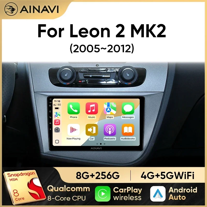 Radio de coche Ainavi para SEAT Leon 2 MK2 2005-2012, reproductor Multimedia estéreo Android 13, Carplay inalámbrico, Android Auto 4G, 2 DIN