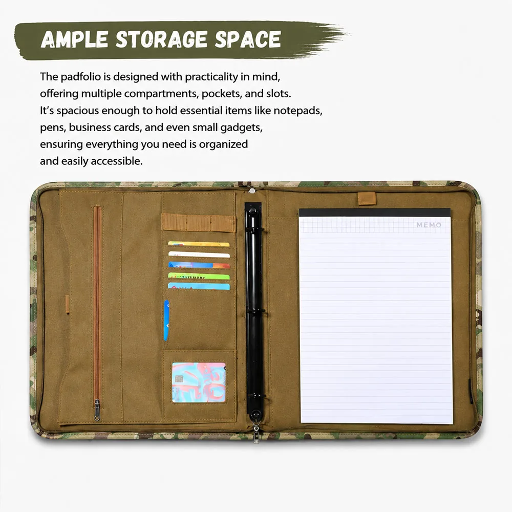 Tactical A4 Ring Binder Portfolio Zippered Notebook Cover with Handle Card Slots Document Organizer for Outdoor Office EDC Use