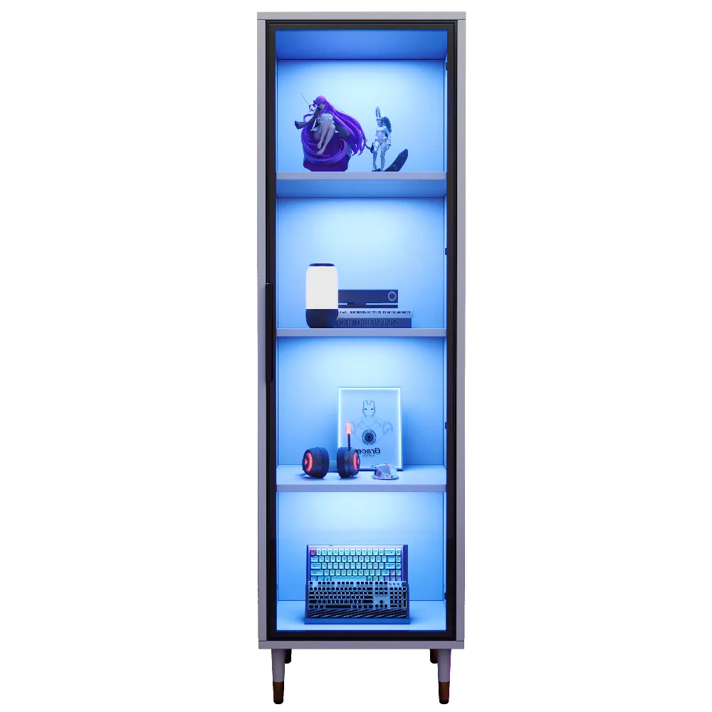Vitrine LED blanche de 170 cm – Étagères en verre teinté, éclairage RGB, présentoir autoportant pour la maison ou le bar