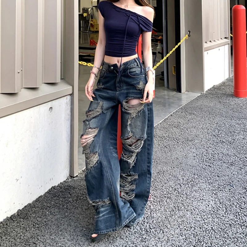 Benuynffy American Retro High Street Washed Ripped Jeans Women's Y2k Bf Style Streetwear Harajuku Loose Straight Wide Leg Pants