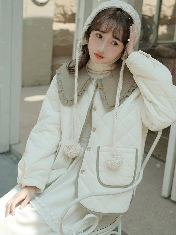 Vintage Cotton Padded Jacket Women Japanese Ruffled Peter Pan Collar Lolita Parka Winter Warm Tops Patchwork Quilted Coat