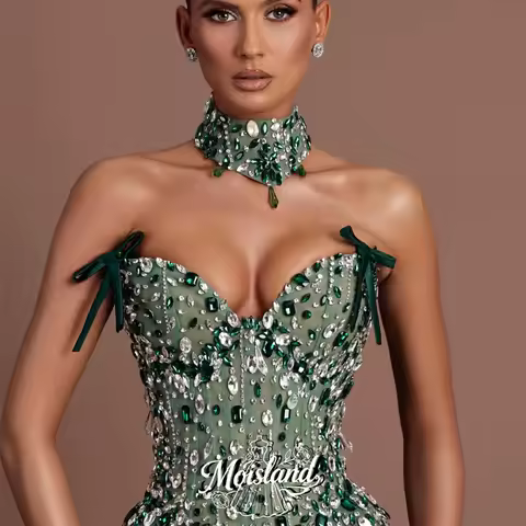 MOISLAND Customized Gorgeous Crystal Evening Dress Strapless Rhinestone Prom Dress Illusion Backless Party Gown Vestido De Noche