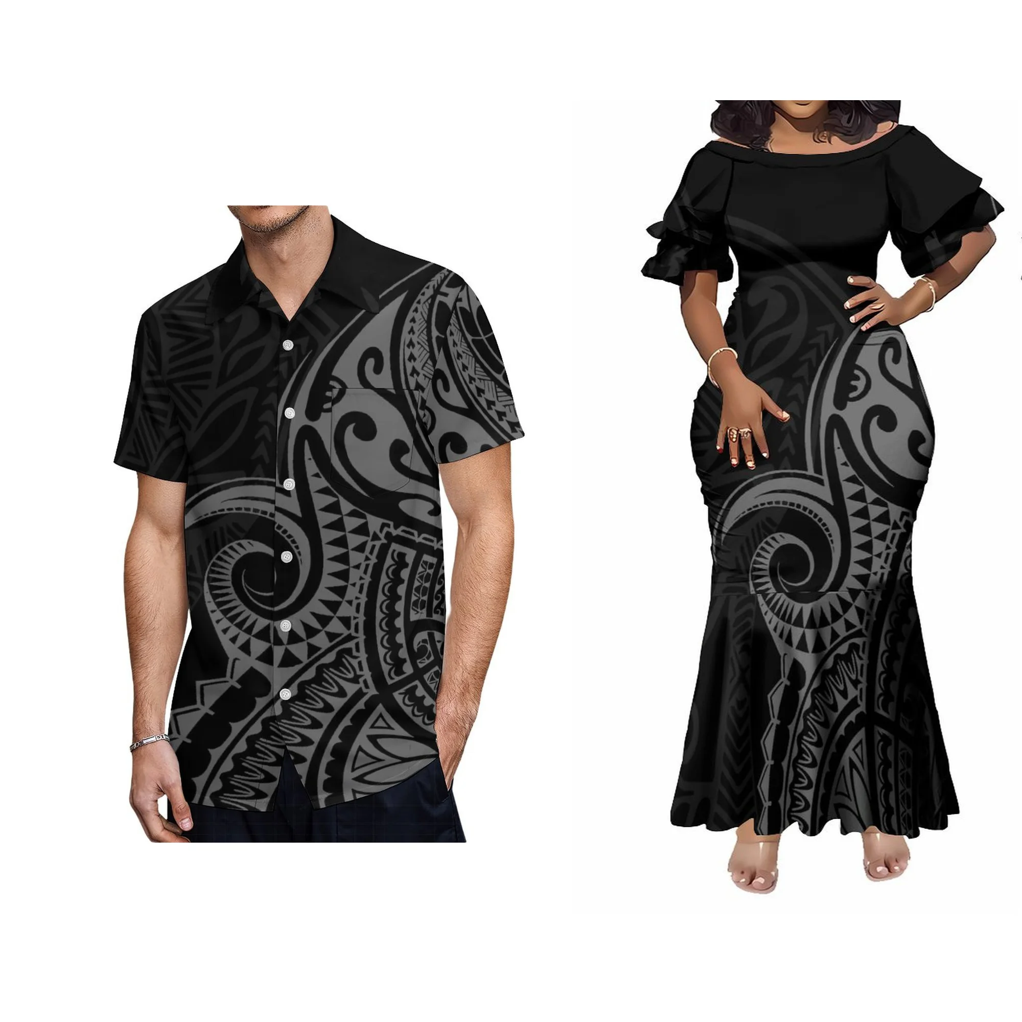 ชุดราตรีทรงหางปลาพิมพ์ลายดอกไม้สไตล์ฮาวายแบบขายส่ง ขนาดพลัสไซส์ แขนกลีบดอกไม้ ดีไซน์หรูหราสำหรับผู้หญิง