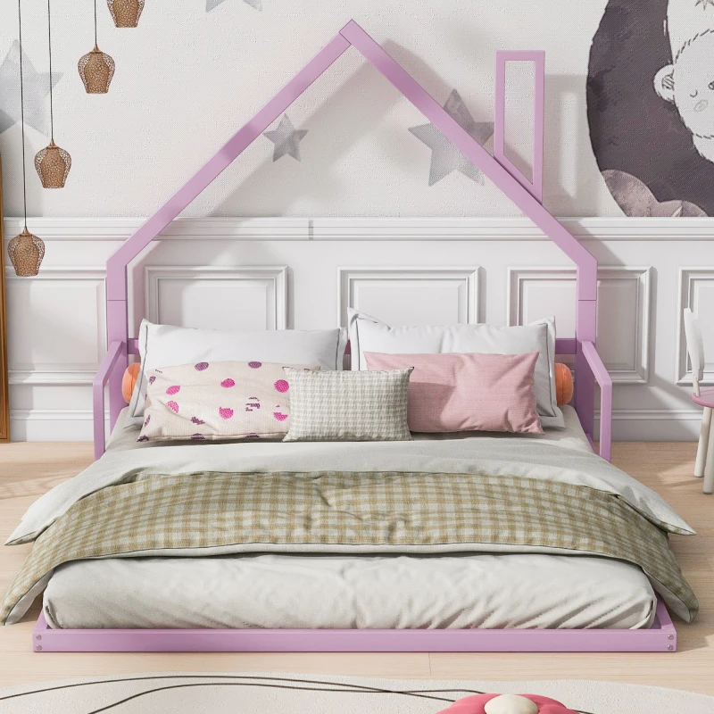 Cama do assoalho do metal com cabeceira House-Shaped, branco, tamanho completo