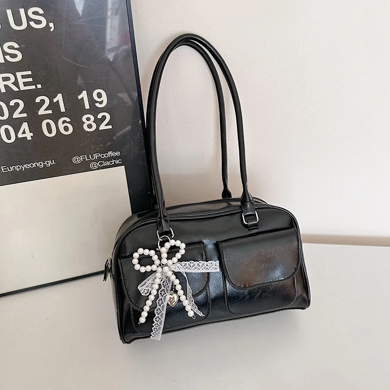 Large Capacity Brown Bowling Handbag Leisure Women'S Shoulder Bag Versatile Retro Korean Ins Style Glossy Surface Pillow Bag