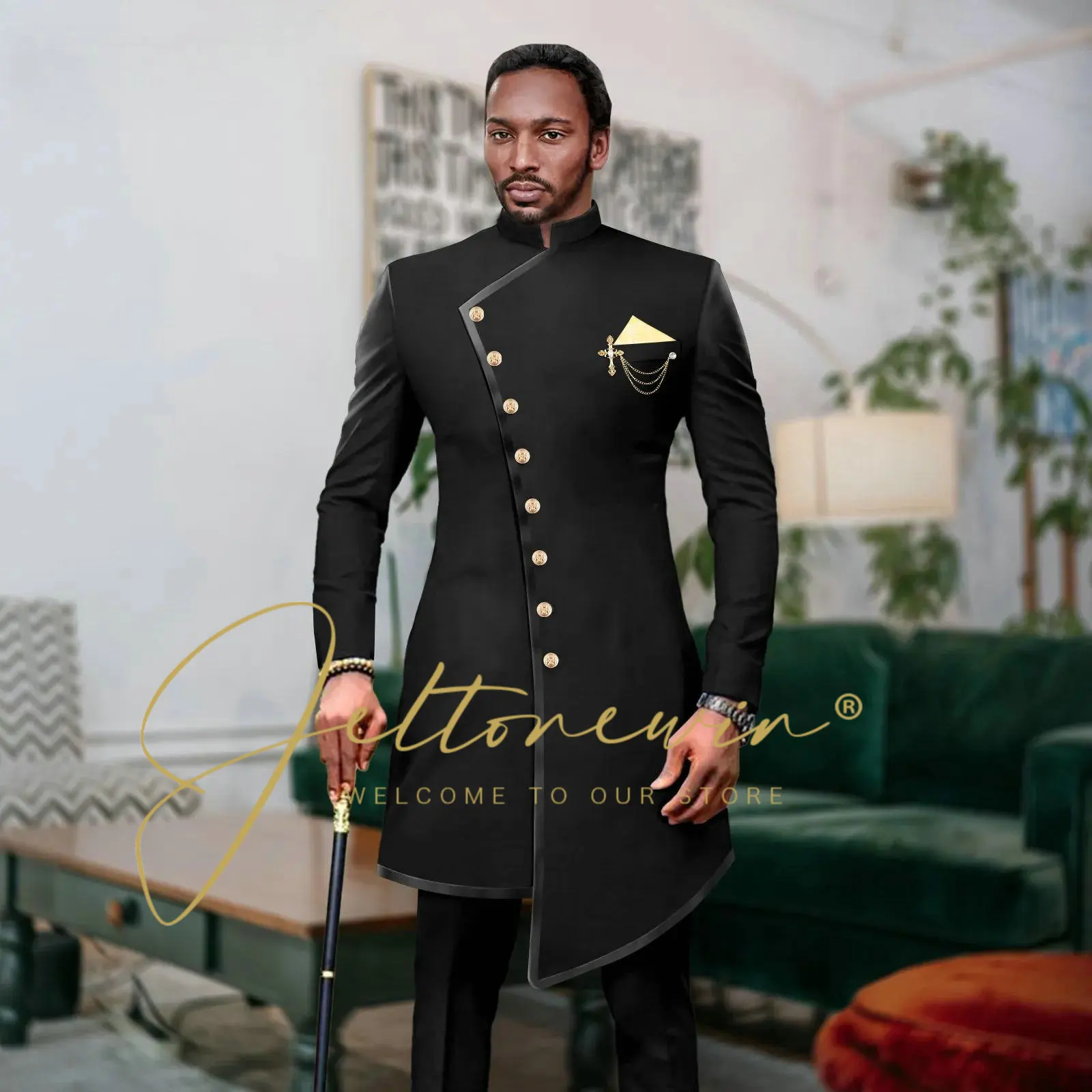 

Men's Stand Collar African Style Elegant Suits For Men Slim Fit Formal Groom Tuxedos Prom Male Long Blazer Costume Homme