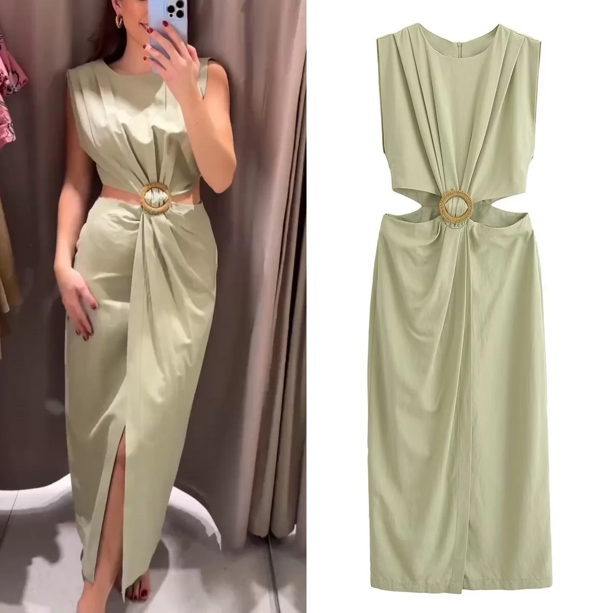  Women's Light Green Chic Dress Solid Color O Neck Sleeveless Pleated Hollow Decoration Casual Long Dress Summer Fashion