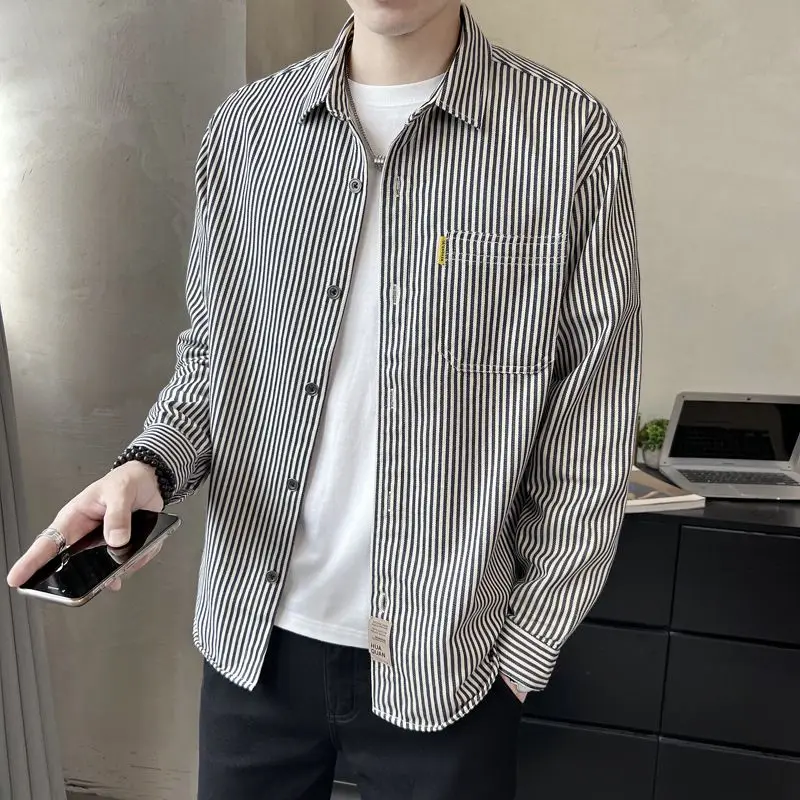 Shirt Male Vertical Stripes Korean Style Spring New Casual Overshirt Fashion Lapel Long Sleeve Loose Large Size Men's Top 2024