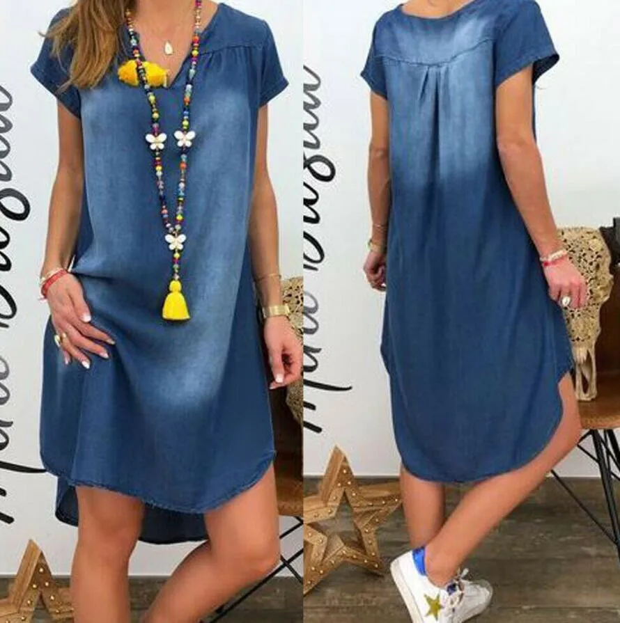 Denim Dress For Women Casual V Neck Short Sleeve Loose Distressed Jean Dress 2024 Summer Denim Blue Street Style Dresses Female