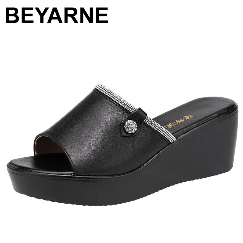 BEYARNEOpen Toe Rhinestone Platform Slippers Leather Summer Shoes Elegant High Heels Wedges Slides Women Office Big Size