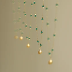 Stainless Steel Plated 18K Gold Handmade Chain Green Bead Shell Necklace Clavicle Chain for Women Classic Vintage Party Jewelry