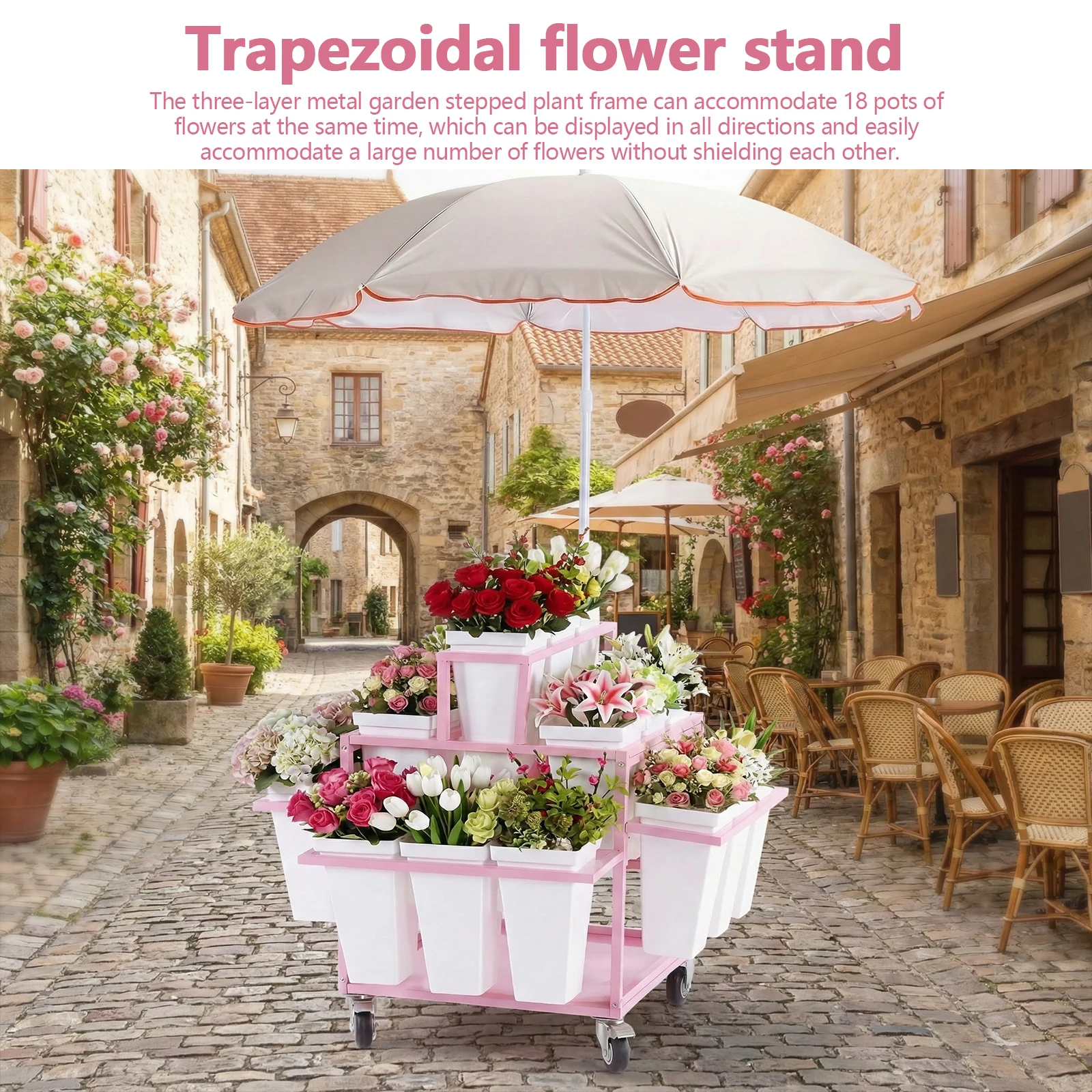 

Мобильная подставка для цветов с 18 ведрами и колесами, с зонтом, для патио, сада, магазина, свадьбы, вечеринки