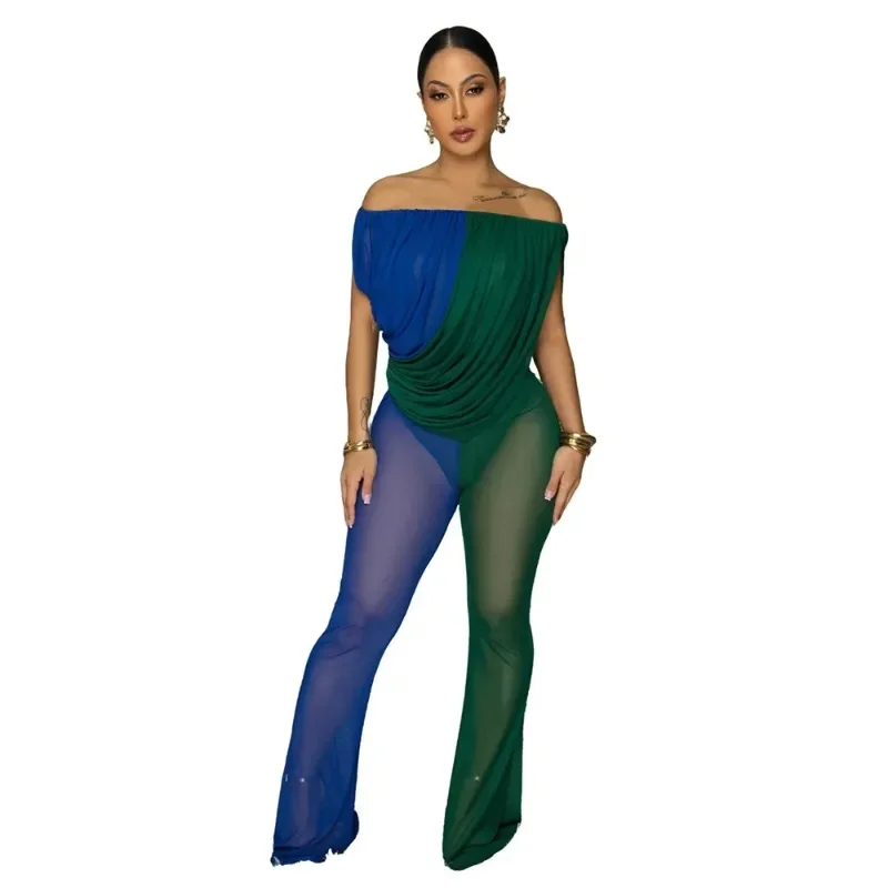 Sexy See Through Mesh Jumpsuits Woman Y2K Clothes Party Club Night Off the Shoulder Ruched Color Patchwork One Pieces Romper