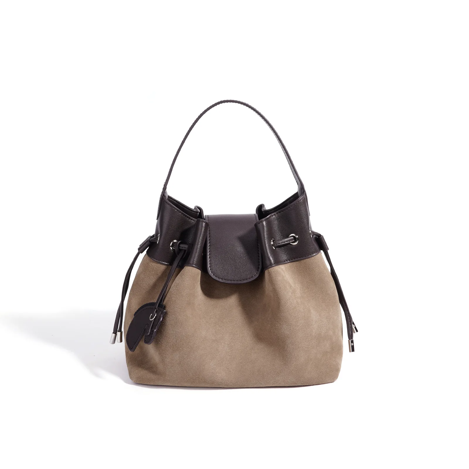 Winter Colour-Blocked Suede Women’s Bucket Bag Trendy Retro Genuine Leather Handbag Versatile Pony Charms Shoulder/Crossbody Bag