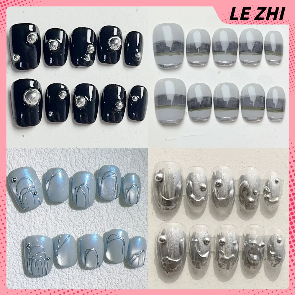 

Kawaii Short Square Round Handmade Wearable Press On Nails Hand Painted Flowers Diamond Pearl Sequins Cat Eyes Full Cover Nails