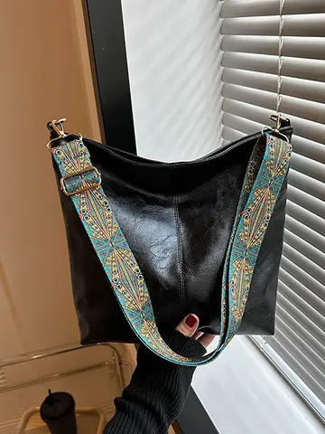 Wide Geometric Strap Shoulder Bag Large Capacity Crossbody Bags For Women,Retro Pu Leather Women's Bag For Shopping Travel
