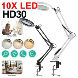 HD30 10X Magnifying Magnifier Illuminated Magnifier Lamp 3 Color LED Magnifying Glass for Welding/Table Lamp/Skincare Beauty