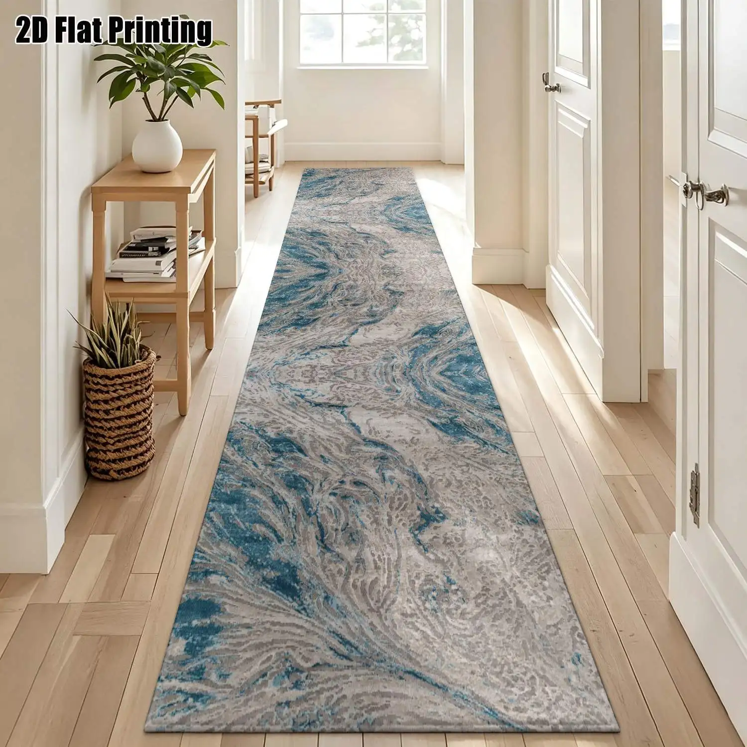 1Pc 2D Printed Long Strip Runner Carpet: Blue-Grey Abstract Wave Pattern, Nordic/Instagram/Modern Minimalist/Geometric Striped Style, Machine Washable, Multi-Size, Ideal for Entryway, Hallway, Living Room, Bedroom Home Decor