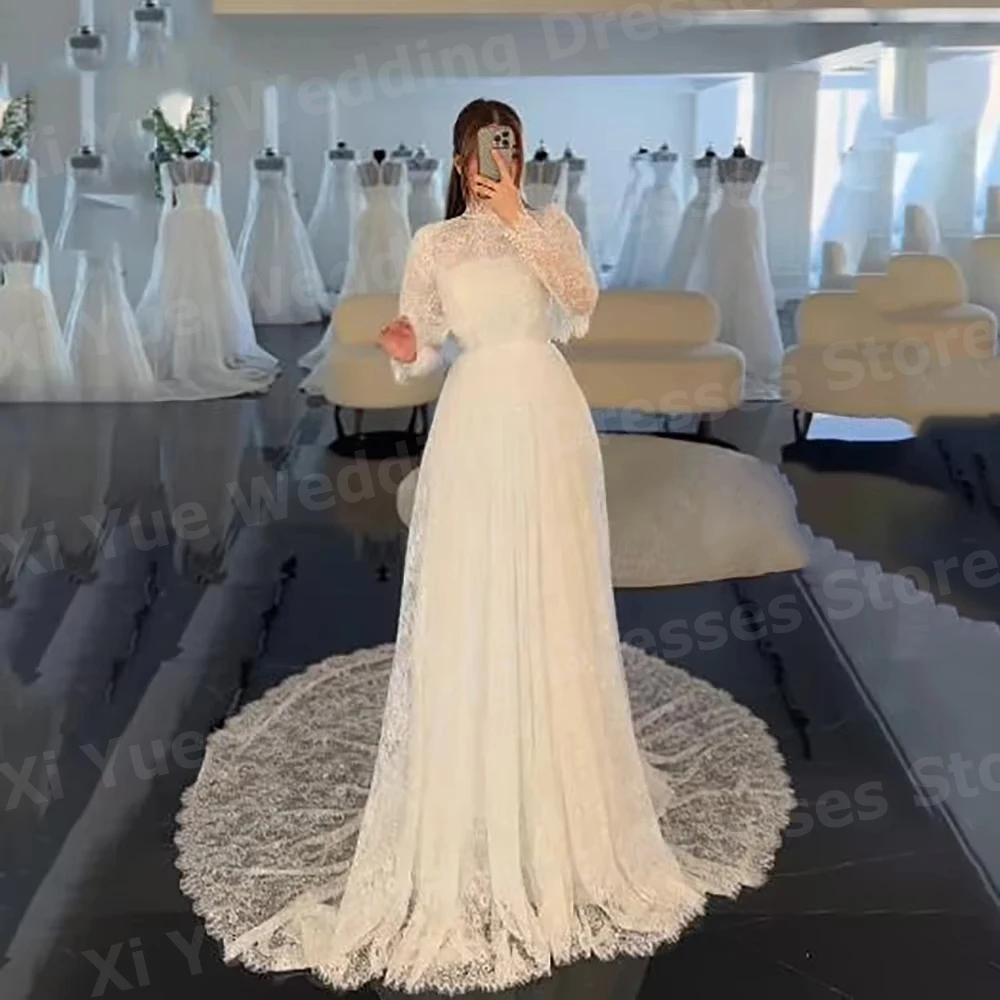 Fascinating A Line Women's Sparkling Lace Wedding Dresses Vestido De Novia Long Sleeved Bride Gowns Customized Robe De Mariée