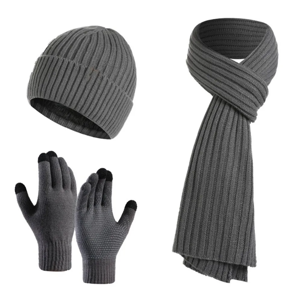 New Winter Keep Warm Set Fleece Lining Knitted Beanie Gloves Scarf Solid Color Thicken Unisex Hat Neckerchief for Men Women