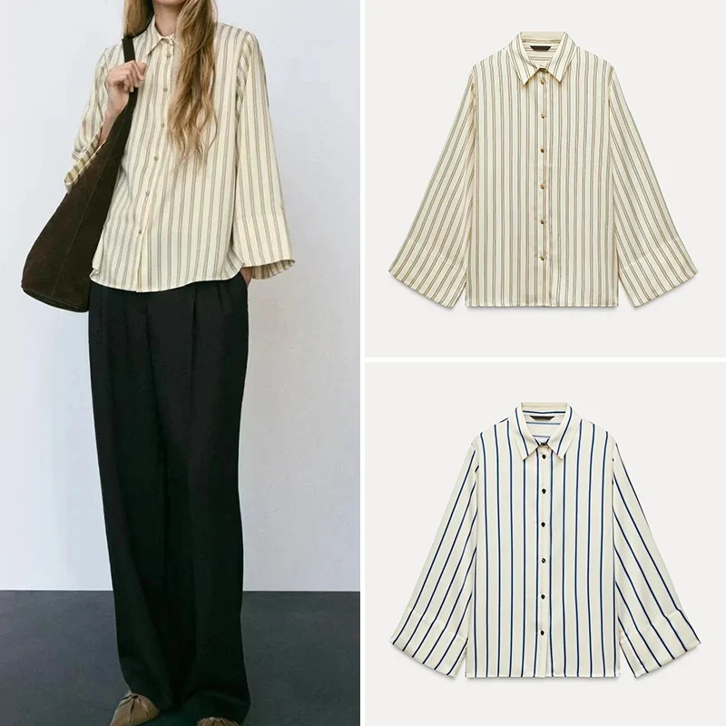 

Women's Casual Loose Fit Striped irt Wide Sve Drop oulder Collar Casual Spring New Sle Drapey Polyester Fiber 00%