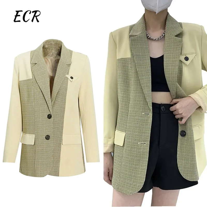 ECR Hit Color Casual Blazers For Women Notched Collar Long Sleeve Patchwork Button Chic Plaid Blazer Female Fashion Clothing New