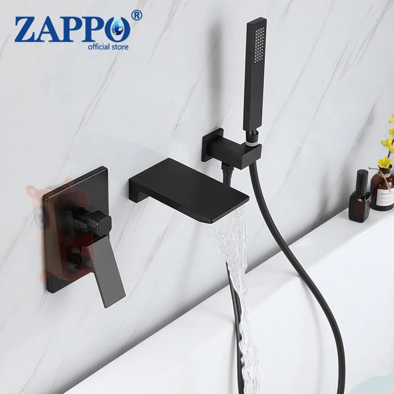 

ZAPPO Matte Black Bathroom Shower Faucets Set Waterfall Spout Shower System Wall Mount Bathtub Shower Mixer Kits W/Hand Head