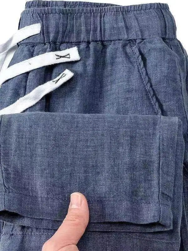 

Льняные дышащие повседневные брюки свободного кроя с эластичным поясом, тонкие летние мужские брюки, простые легкие джинсы прямого кроя