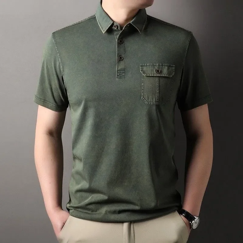Washed Vintage T-Shirt Polo Shirt for Middle-Aged and Elderly Men, Solid Color Casual Top, British Style with Pockets, Washed and Distressed Craftsmanship, Nostalgic Retro Style with Faded Effect