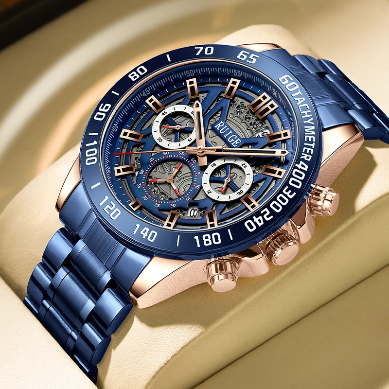 RUIGE Мужские Модные Кварцевые Наручные Часы, Роскошные Спортивные Часы Из Нержавеющей Стали, Водостойкие, Многофункциональные