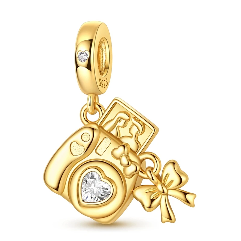 925 Sterling Silver Golden Charm Instant Camera Pendant Fit Original Bracelet Making Fashion Jewelry For Woman