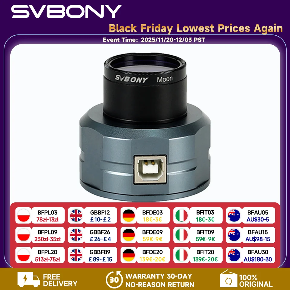 

SVBONY Астрономическая планетарная камера 1,25 ''CMOS Камера телескопа Цифровой окуляр USB 2,0 для начинающих планетарных фотографов SV105