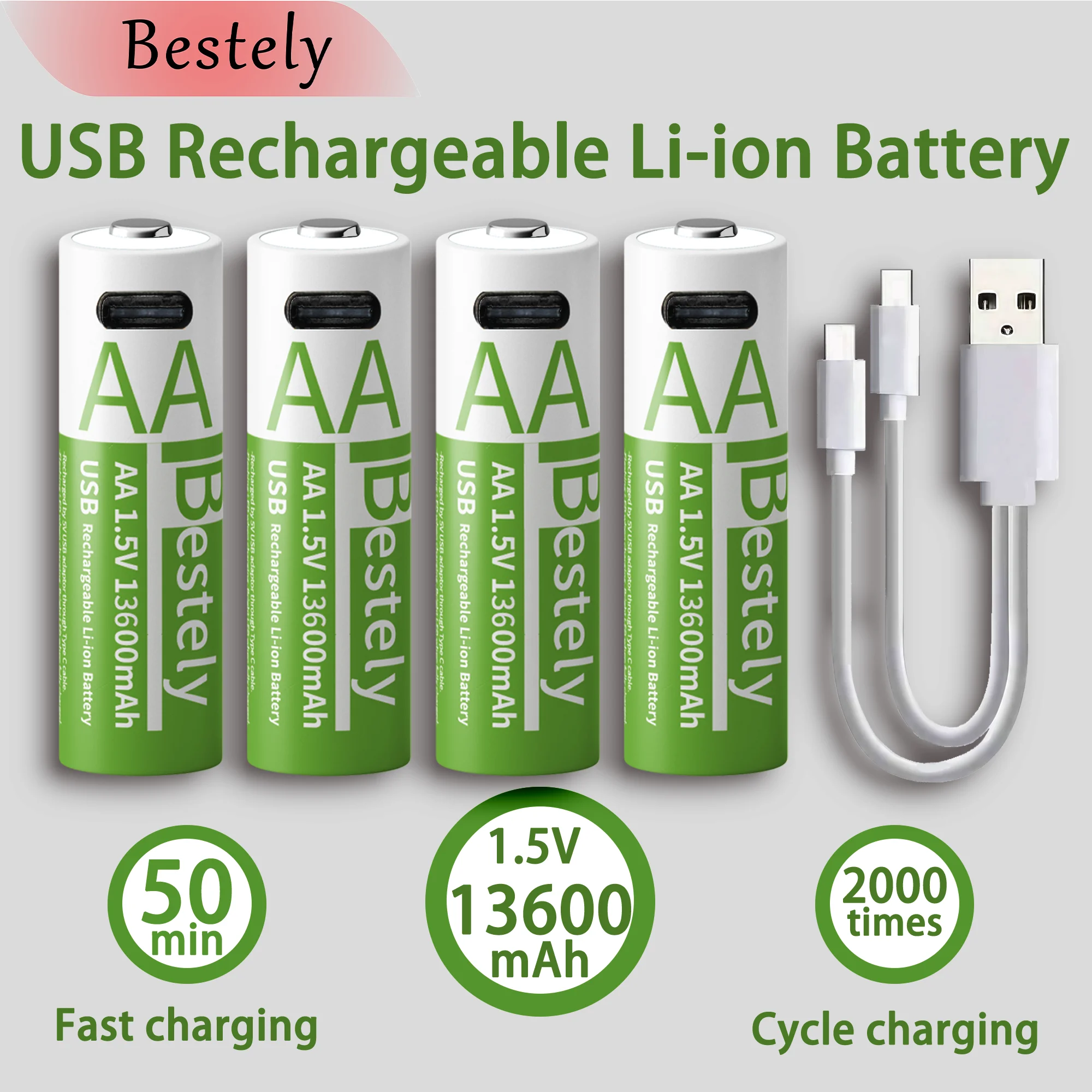 Neue 1,5V AA 13600mAh wiederaufladbare Lithium-Batterie, schnelles Aufladen, Li-Ion-Akku, Hochleistungsbatterien mit kostenlosen USB-C-Kabeln