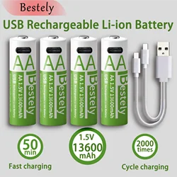New 1.5V AA 13600mAh Rechargeable Lithium Battery Fast Charging Li-ion Akku High Capacity Batteries with USB-C Cables for Free