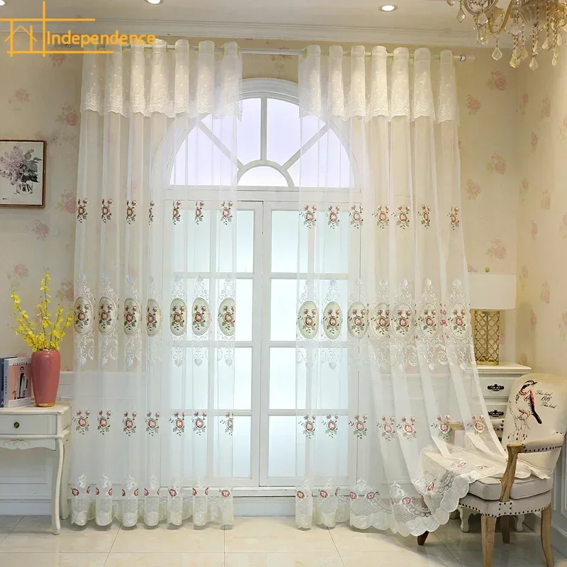 

European Style Window Screen Embroidery White Gauze Curtain Fabric High-grade Lace Embroidery Screen Solid Color Floating