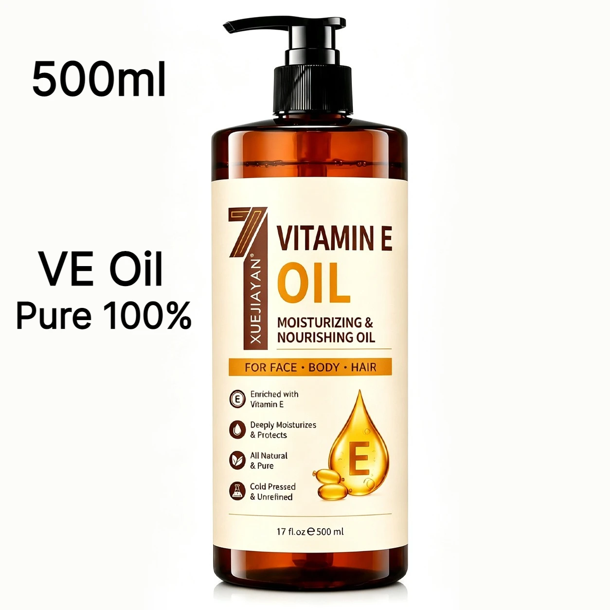500ml Vitamin E Oil Cold Pressed Multi-purpose Brightening Nourishing Oil for Face Body Hair Nail Deep Moisturizing Skin Repair