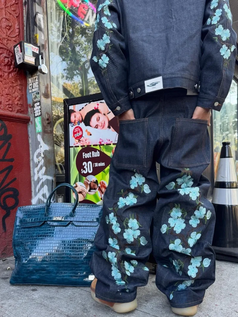 Y2K جينز فضفاض 2000s Harajuku تطريز زهر الكرز نمط الجينز الشارع الشهير خمر الهيب هوب الرجال النساء عادية واسعة الساق الجينز #3