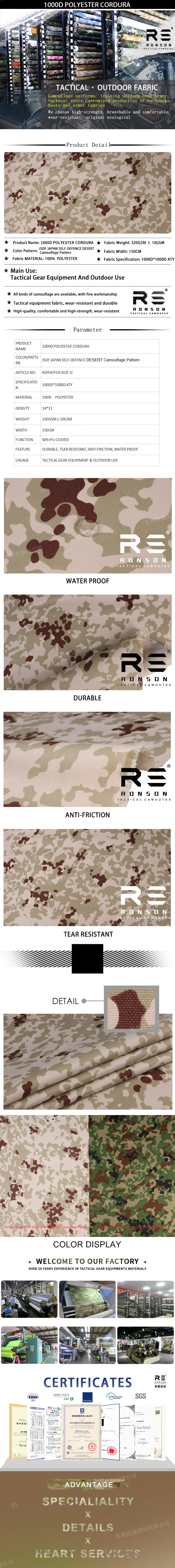 Japanischer JSDF Desert Camouflage PU-beschichteter taktischer 1000D-Polyester-Cordura-Stoff, langlebige Verwendung für taktische Ausrüstungstasche und Outdoor – Detail 1