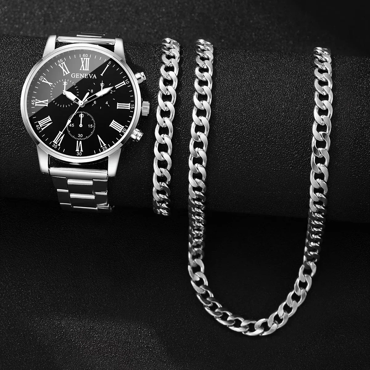 Men 3Pcs Watch Jewelry Set Geneva Roman Dial Wristwatch Bracelet Necklace Relojes Hombre