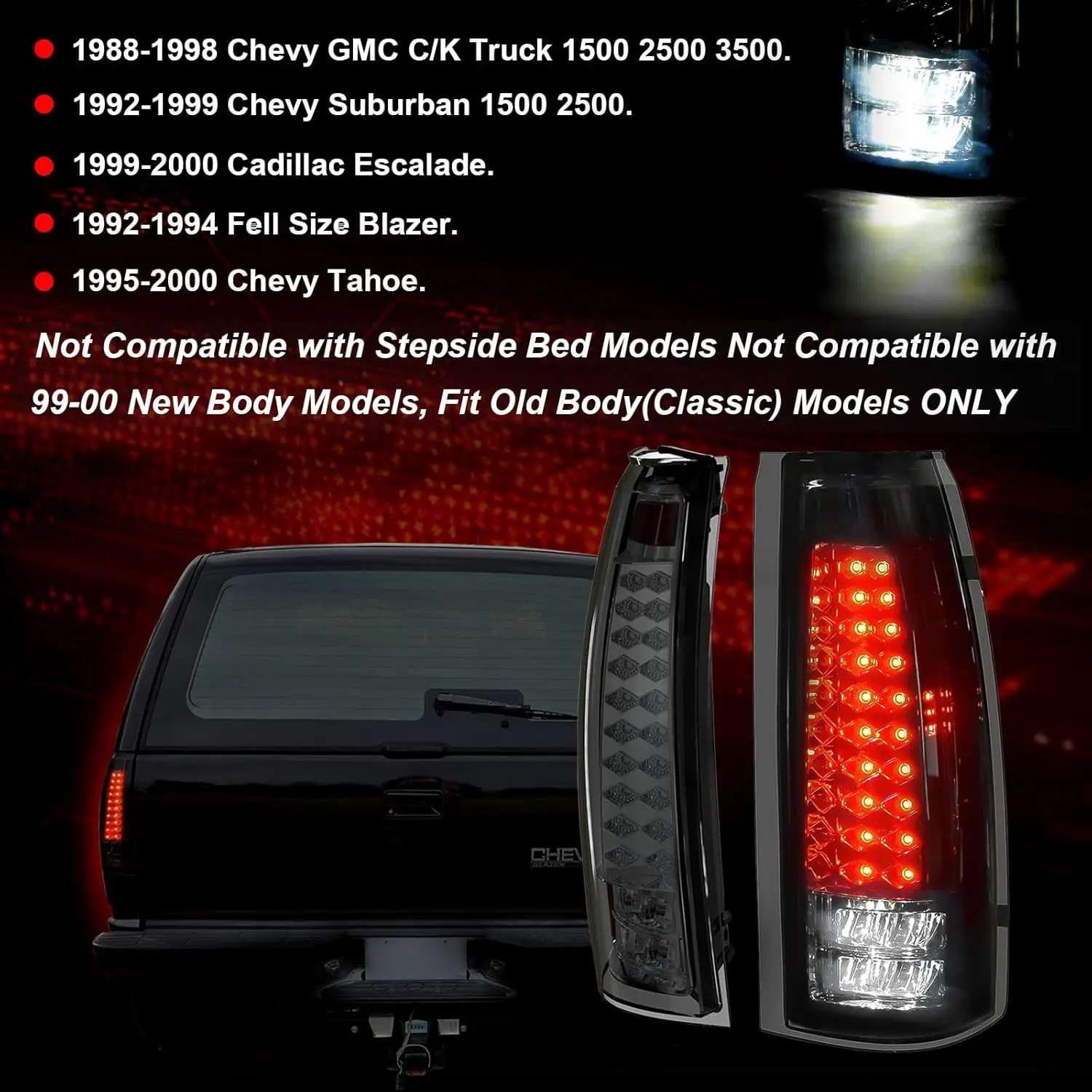 LED Tail Lights for Chevy GMC 1988-1999 C/K Pickup Truck Silverado Suburban Sierra Tahoe Yukon Turn Signal Brake Reverse Light view 2