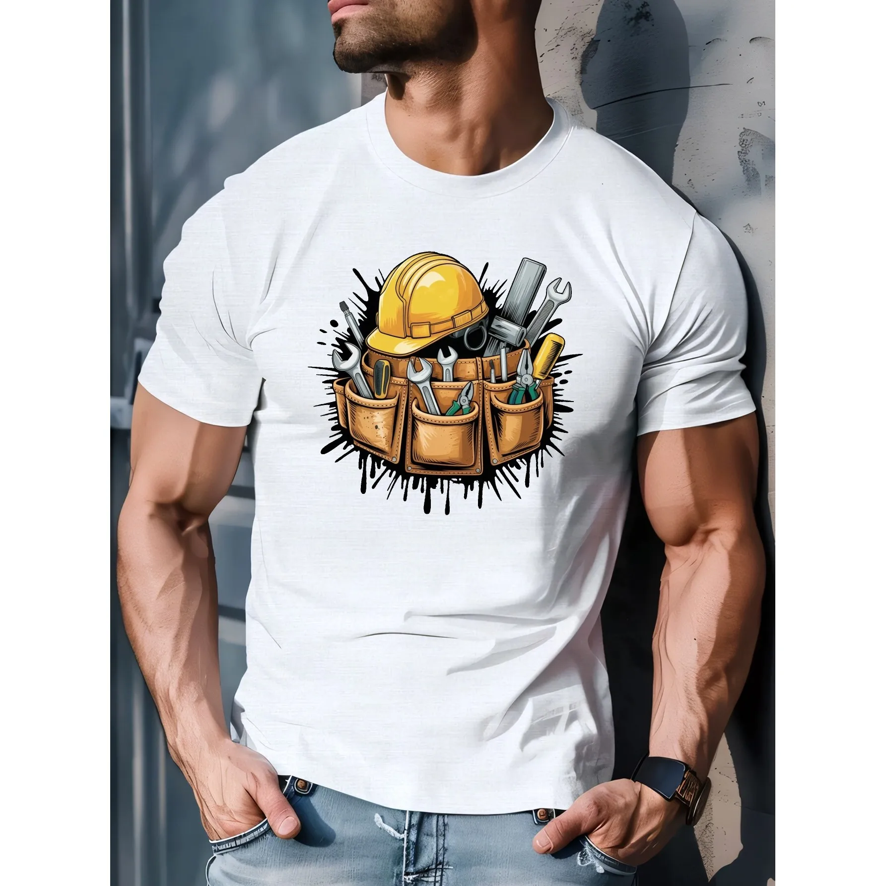 Construction Tool Belt Hard Hat Graphic Tee Men Short Sleeve Crew Neck Casual Cotton T-Shirt