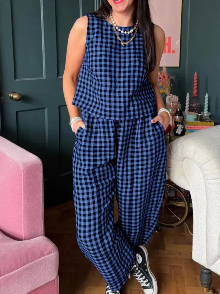 

2025 весна-лето, модный женский комплект брюк, клетчатый свободный жилет без рукавов с принтом, брюки с девятью точками, домашняя одежда, женский комплект из 2 предметов