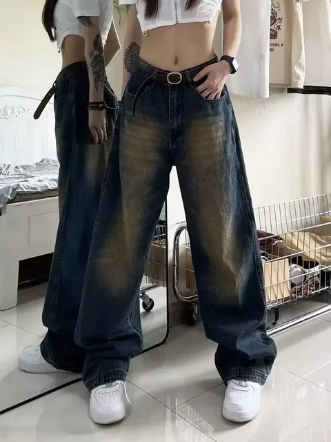 Dżinsy damskie Distressed Full Length Wide Leg Denim Pants Spliced Zipper Fly Vintage Jean Pockets High Street Loose Fit Washed