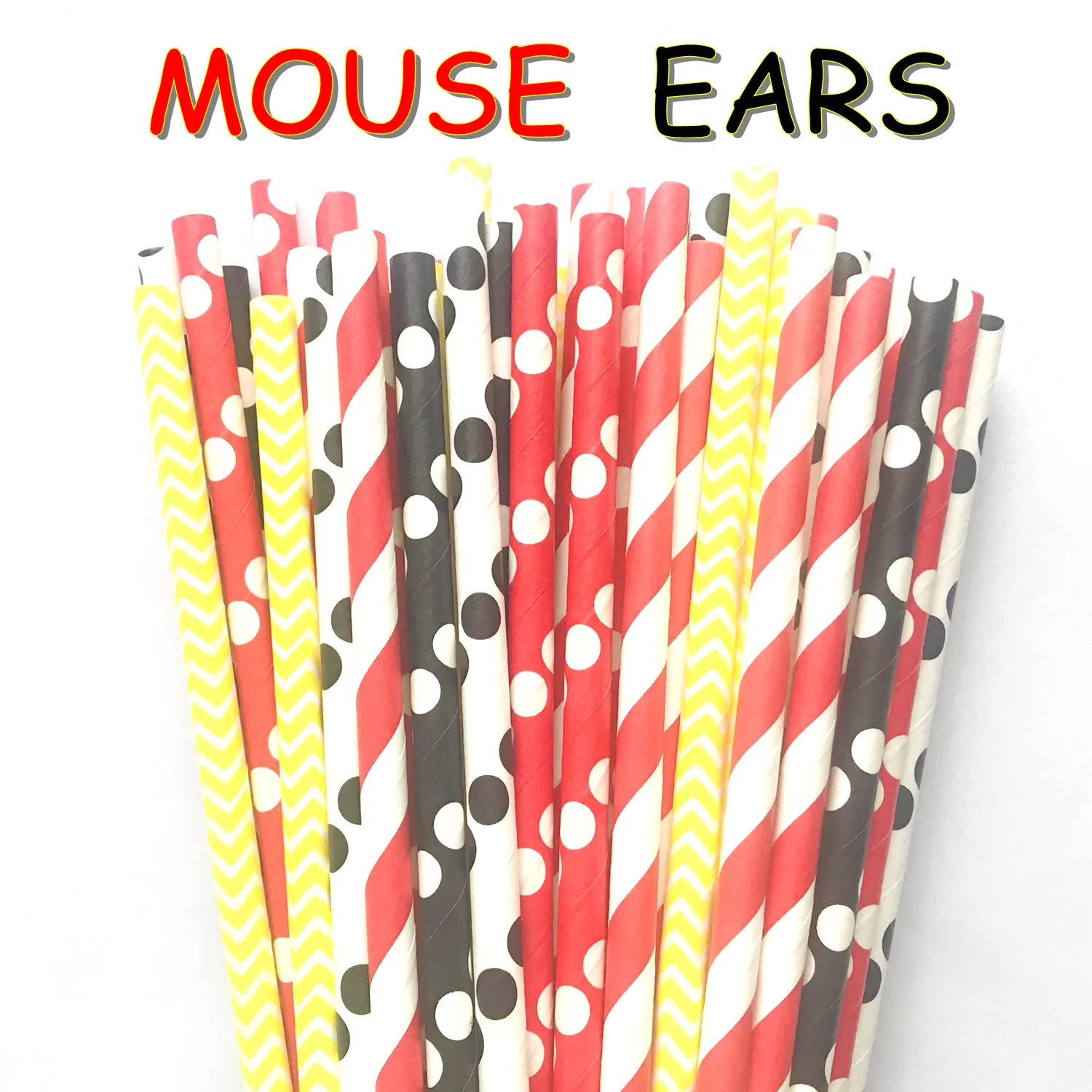 250 Pcs Mixed 5 Styles Mouse Ears Paper Straws-Black Red Yellow Stripe Dot Chevron Kids Birthday Baby Shower Cute Fun Cartoon