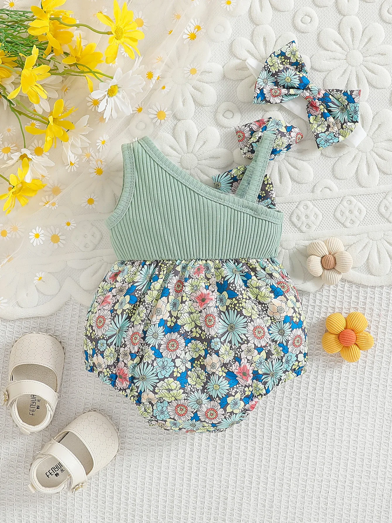 Baby Girl Summer Romantic Floral Asymmetrical Cami Romper with Large Bow, Green Color-Block Floral Print & Matching Headband, Pe