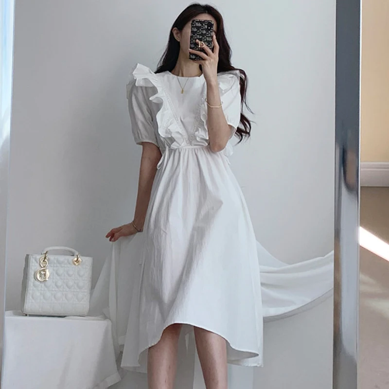فستان صيفي أنيق بتصميم كلاسيكي، ياقة مستديرة، أكمام فقاعية، خصر مربوط، أسلوب كوري، فستان طويل بخصر مرتفع للنساء. #4