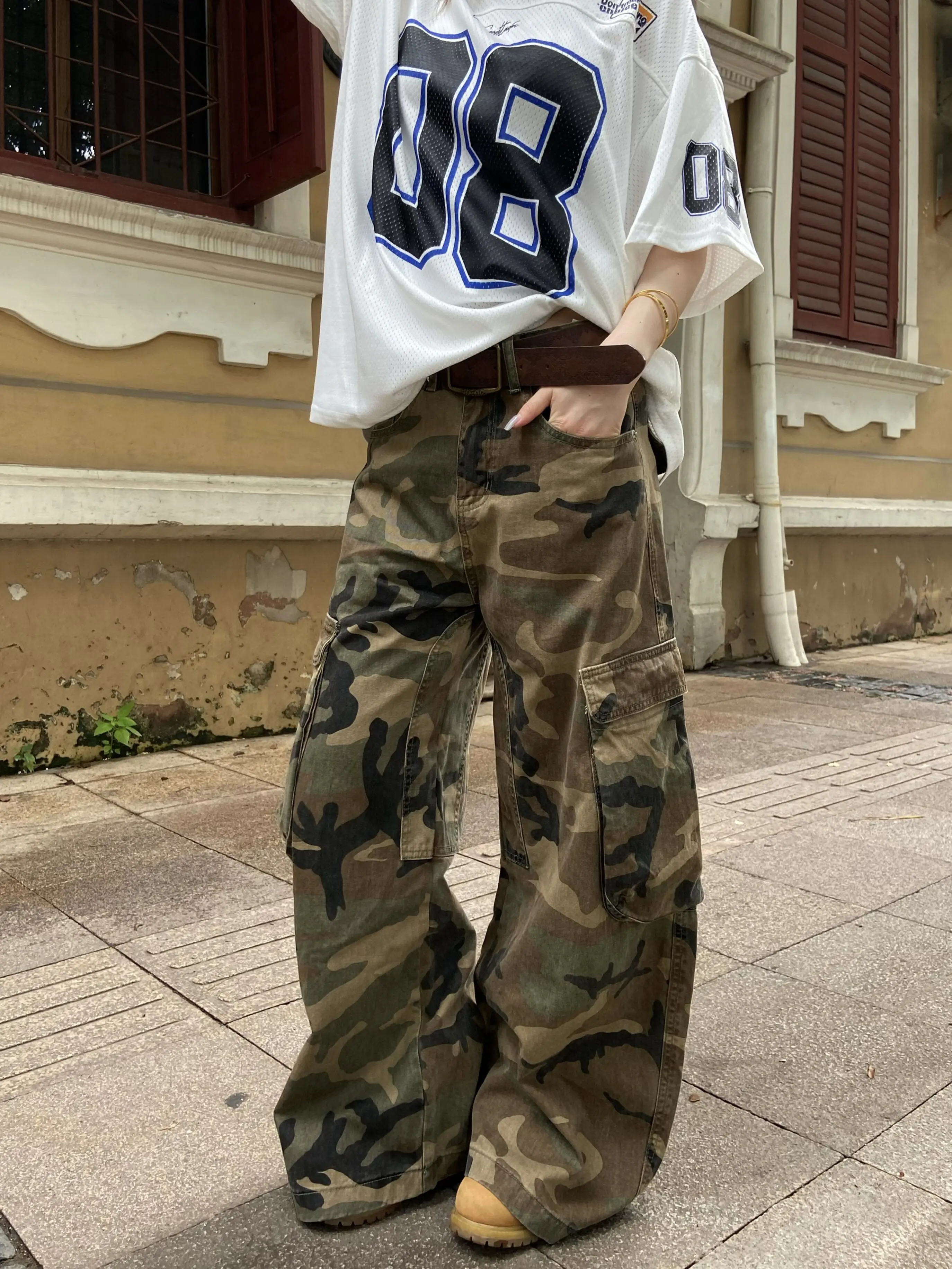 American Street Retro Camouflage Multi-Pocket Work Pants Loose Wide Leg Casual Versatile Long Trousers for Men And Women