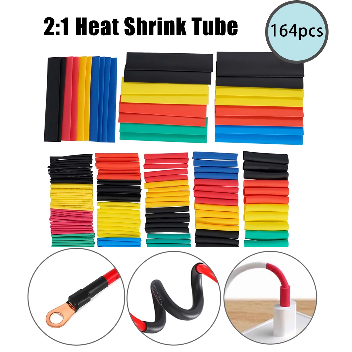 164PCS 2:1 Heat Shrink Tube Kit Shrinking Assorted PE Insulation For Wire Cable